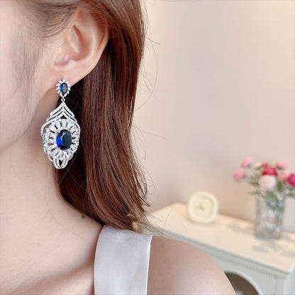 2025 luxury retro court style exaggerated long zircon stud earrings elegant silver needle bridal dress ear jewelry