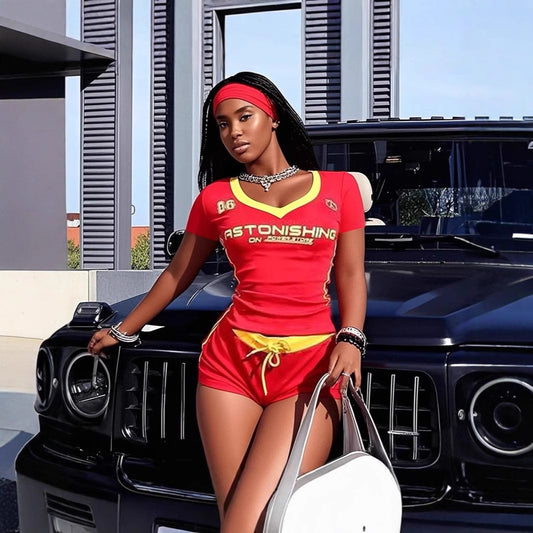 spring new New  slim-fit sexy Spice Girls printed short-sleeved V-neck top lace-up shorts set