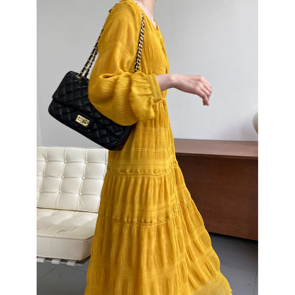 Luxi  women's new  pleated dress Korean waist chiffon long-sleeved fairy dress 3686