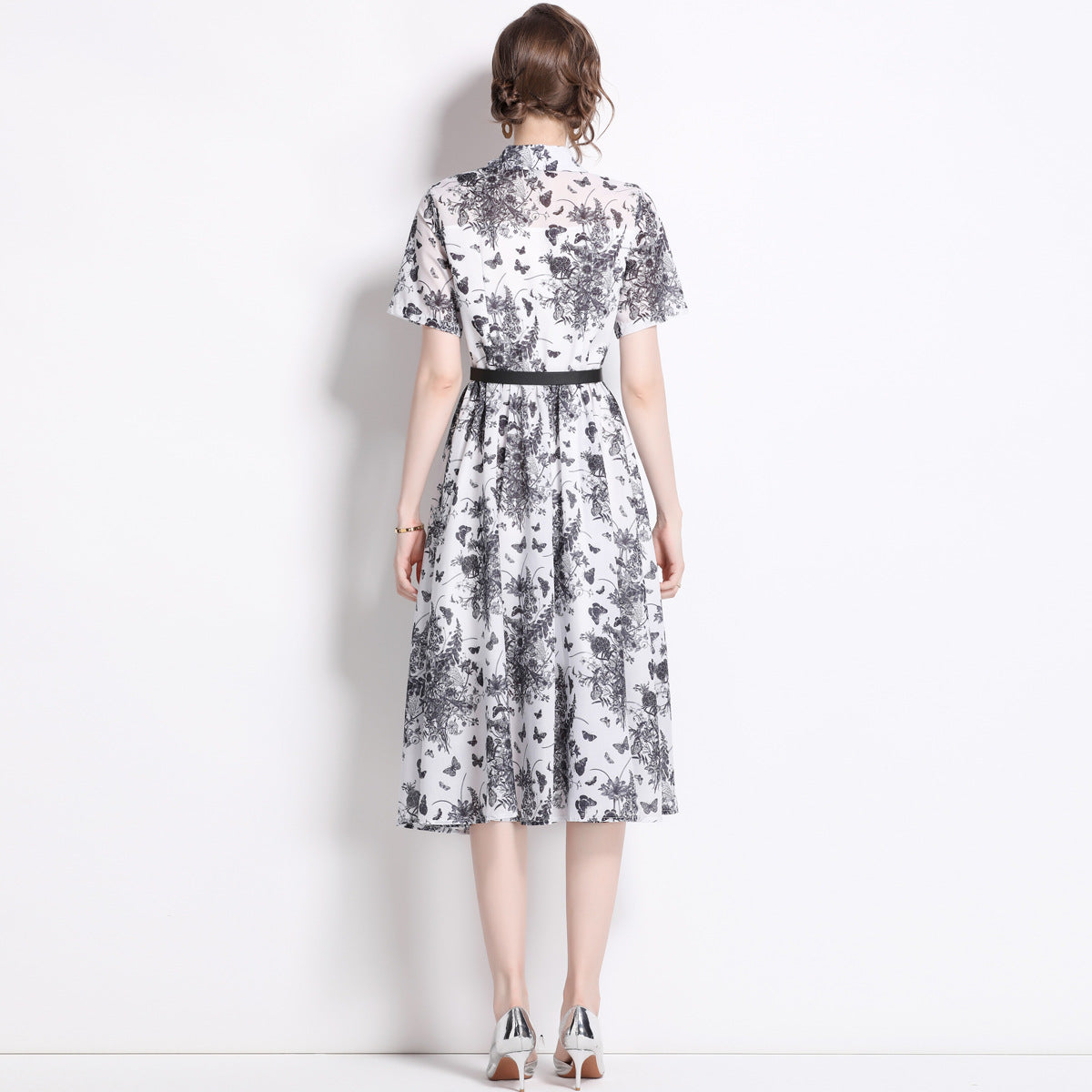 Summer high-end retro temperament short-sleeved lapel waist thin single-breasted a-word ink painting printed dress