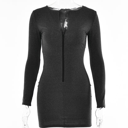 2025 New women's clothing  summer new sexy tight-fitting V-neck long-sleeved solid-color Spice Girl dress