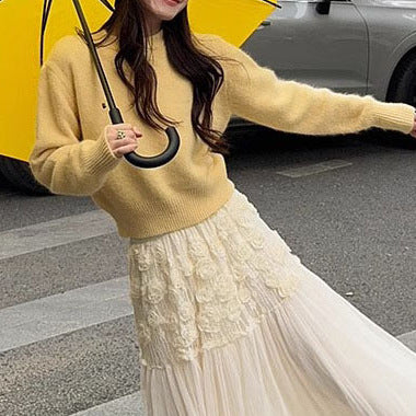 2025 Spring Temperament Muse Fan Gentle Wear Small Fragrant Style Yellow Sweater  Mesh Dress Suit Women