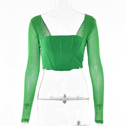 2025 eBay hot-selling  summer Spice Girls new square collar solid color T-shirt backless long-sleeved zipper top women