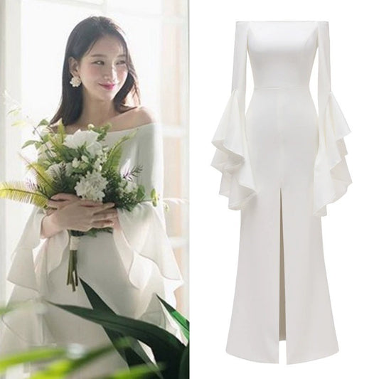 2025 Korean light wedding dress  satin go out certificate registration travel photography welcome evening dress small white dress spring