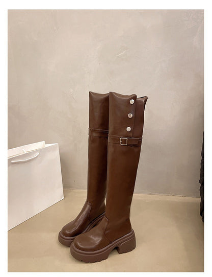 2025  Thick heel platform boots women's spring and autumn popular new Maillard knee boots slim versatile knight boots tide