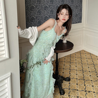 2025 Super fairy gentle green field rose floral dress travel skirt women's medium and long 2025 spring and summer new suspender dress