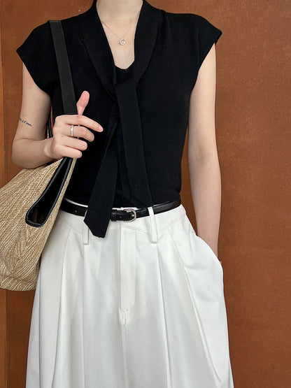 Luxi, Korean version of the design with shawl V-neck short-sleeved T-shirt knitted sweater women's popular autumn shirt top ss552