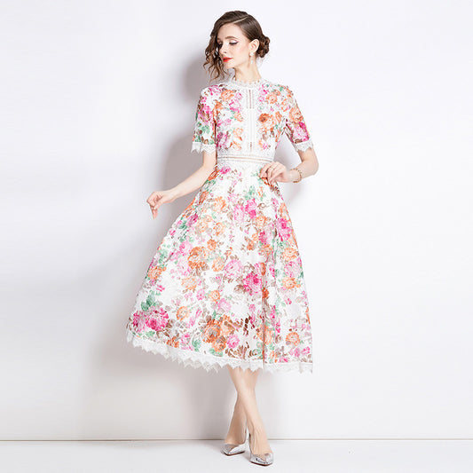 Hot trade women's clothing popular summer new  retro elegant lace splicing printing waist temperament dress dress