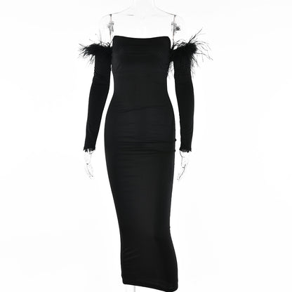 2025 New sexy women's clothing one-word collar tight dress autumn new fashion hot-selling backless long-sleeved dress