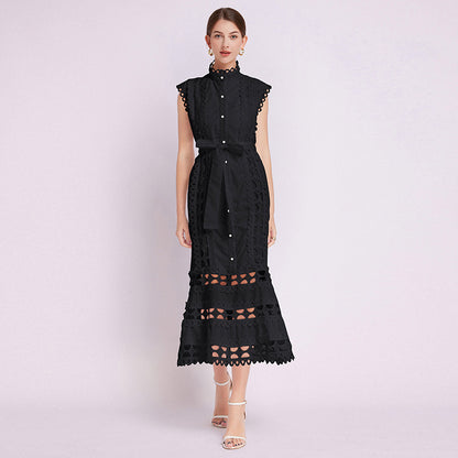 temperament high sense stand collar hollow embroidered lace splicing sleeveless waist thin elegant dress