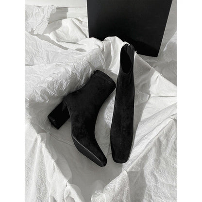 2025  Brown short boots women's high heels autumn and winter new suede rear zipper  small ankle boots thick heel elastic square head thin boots