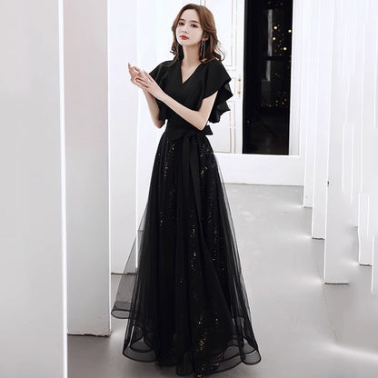2025 Black evening dress female banquet temperament socialite middle school student art examination host high sense choir performance dress