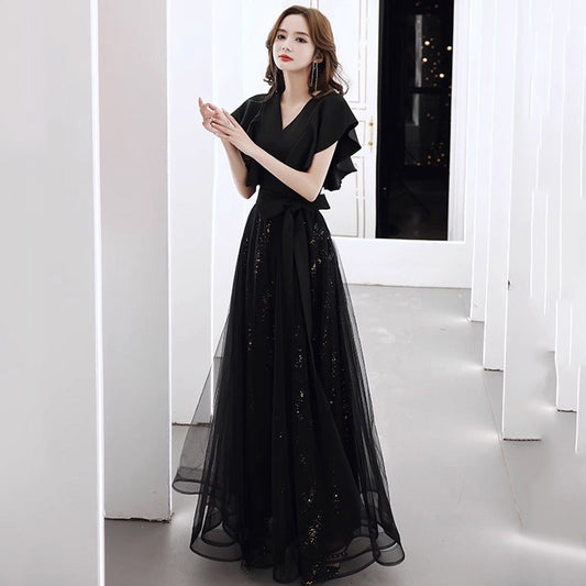 2025 Black evening dress female banquet temperament socialite middle school student art examination host high sense choir performance dress