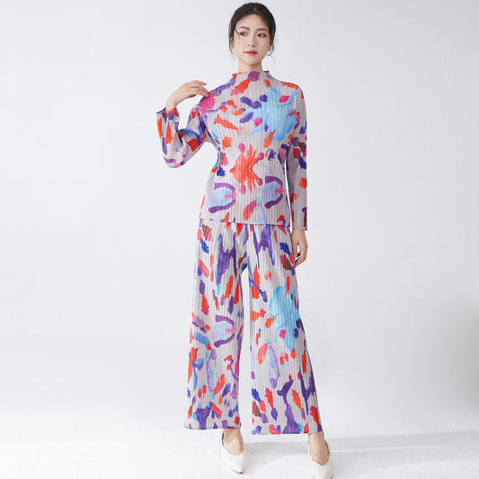 2025 suit, autumn two-piece set, high-end wear, a complete set of printed long-sleeved T-shirts, tops, and versatile straight-leg pants are trendy.