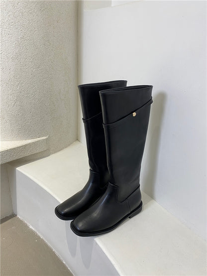 2025  South Korea Dongdaemun high boots women's boots autumn and winter new big tube circumference retro small gold buckle knee knight boots