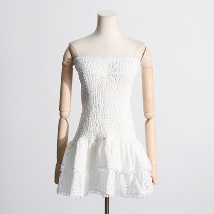 2025 Summer New European and American Sexy Hot Girl Style Elastic Waist Tube Top Embroidered Ruffled Short Dress Women