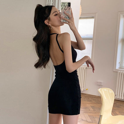 2025 Advanced sense imperial sister sexy neck big halter suspender dress women's summer temperament chic hip wrap small black skirt