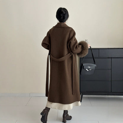 2025 Solid color lapel fox hair cuffs loose lace-up bathrobe double-sided wool coat woolen jacket women's warm autumn and winter