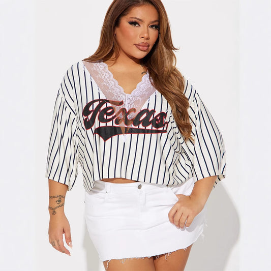 popular autumn new New  printing V-neck loose casual lace splicing short top short sleeve T-shirt women