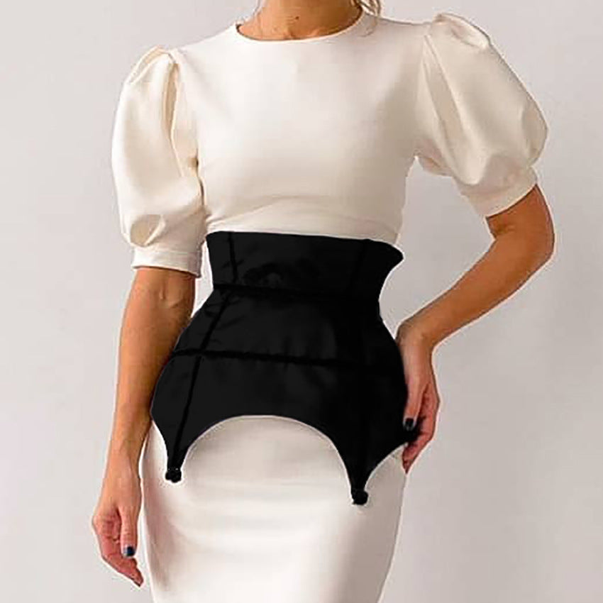 2025 popular  summer new round neck short-sleeved temperament commuting tight high waist bubble sleeve dress women's hip skirt