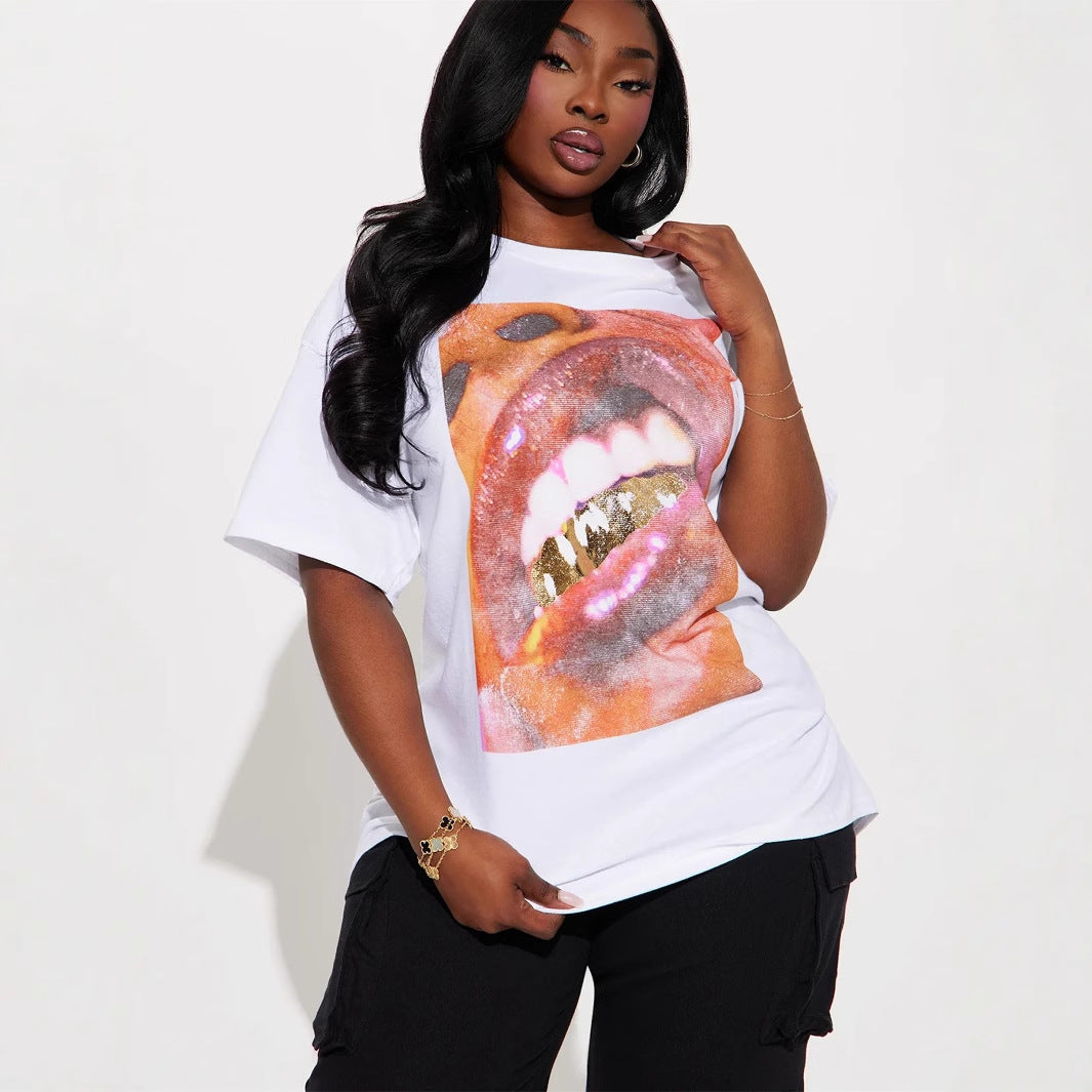 new New Popular trade trend fashion street printing loose casual contrasting color V-neck short-sleeved top T-shirt women