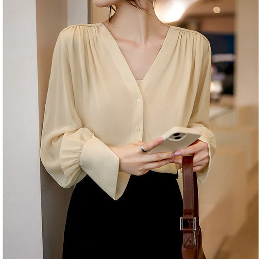 2025 Gentle and light silk shirt V-neck double-layer mulberry silk shirt heavy  summer black and white top women's clothing