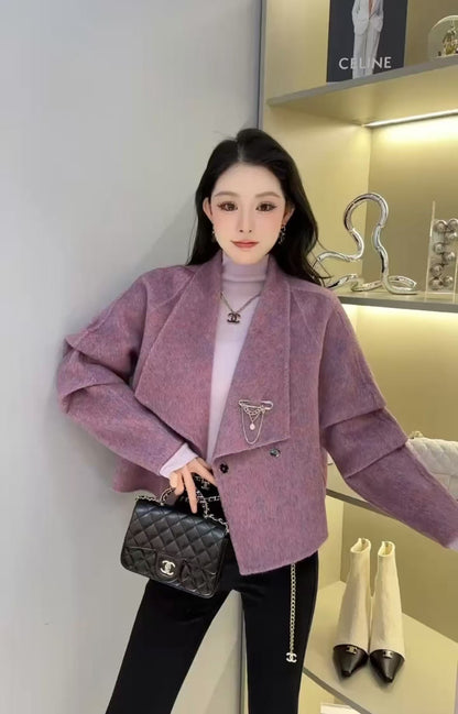 2025 Mulberry silk rabbit hair wool suit collar shoulder sleeve single-breasted double-sided wool coat woolen jacket to keep warm in autumn and winter