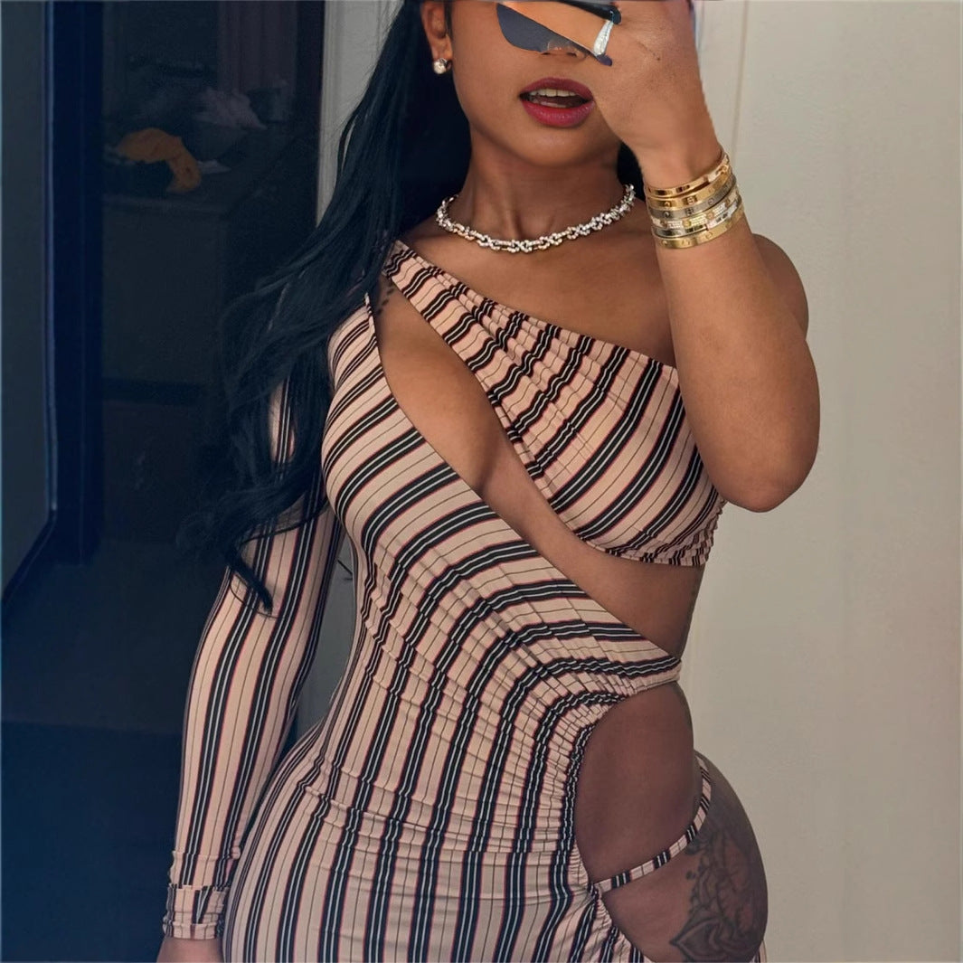 popular autumn new New Popular trade  elastic striped slim-fit sexy Spice Girl hollow jumpsuit jumpsuit