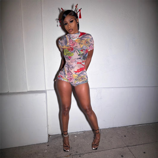 summer new women's clothing New Popular trade personalized sexy printing backless slim-fitting turtleneck jumpsuit