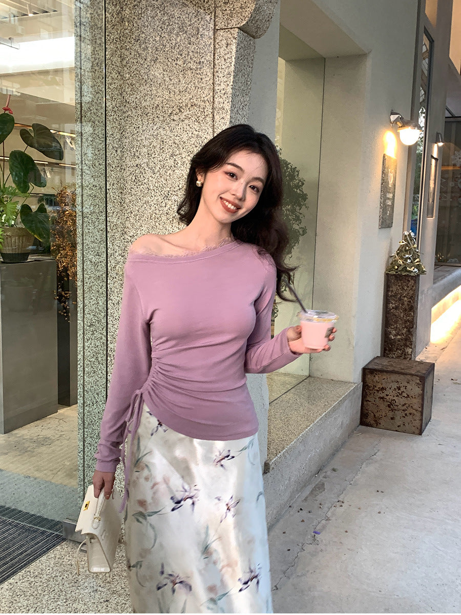 2025 Thirteen Lines  Spring New Korean Edition Temperament Lace Slant Neck Bottom Shirt Long Sleeve Top 89190