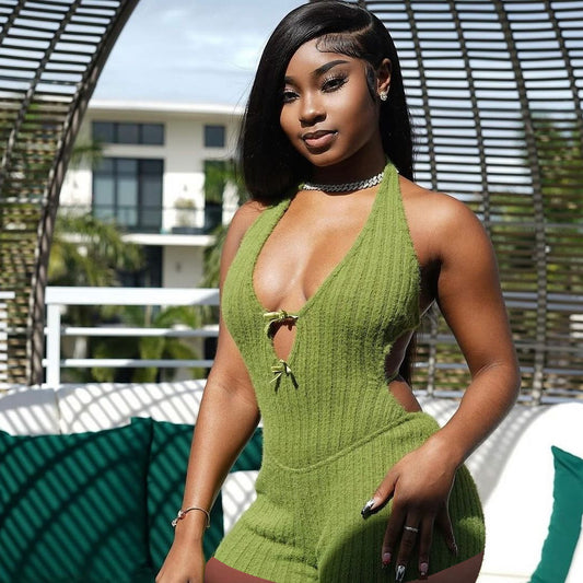 Autumn and winter new New  Popular trade solid color neck halter slim sexy Spice Girls shorts jumpsuit jumpsuit