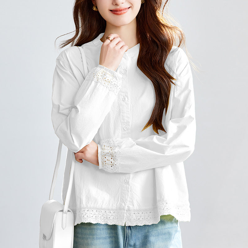 [Customized] Goose yellow shirt women's long sleeves  summer new lace lace loose and thin shirt women