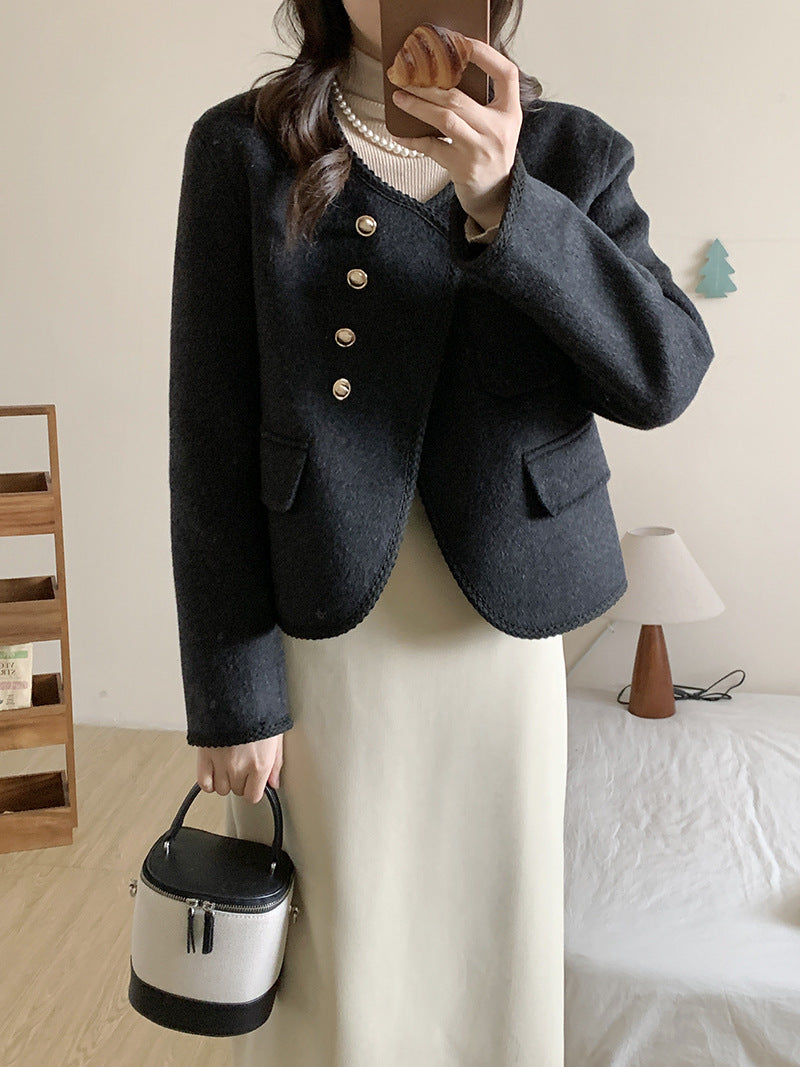2025 Xiaoxiangfeng button decoration Maillard asymmetrical double-sided wool outer coat versatile temperament woolen coat new