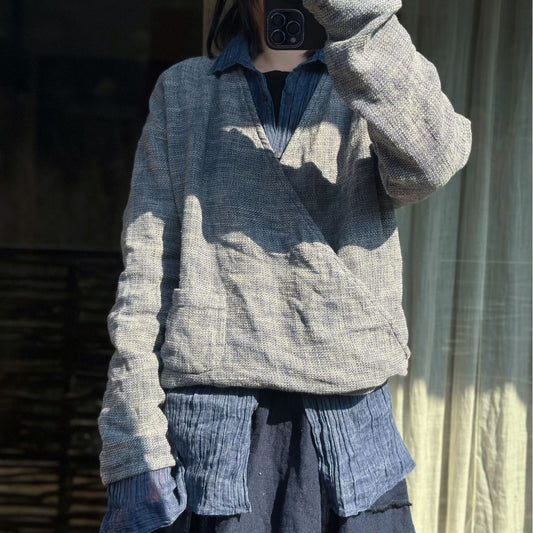 2025    24/1 SN21 Spring Versatile Casual Literary Texture Yarn Lazy V-Neck Linen Pullover