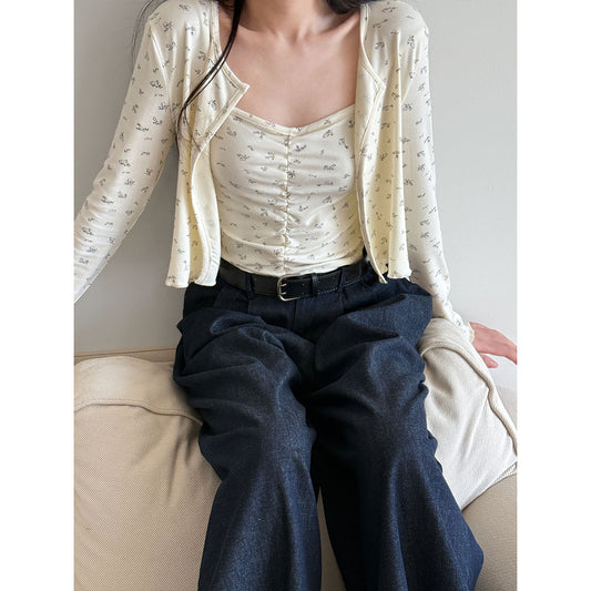 Luxi, spring women's clothing  gentle floral long-sleeved knitted cardigan jacket + suspender vest two-piece set 2881