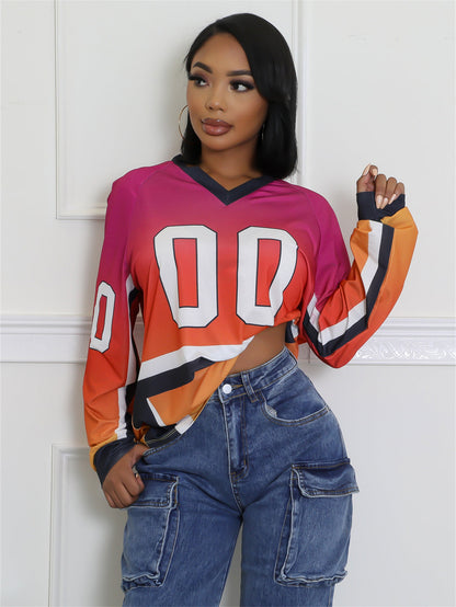 popular Autumn Festival new New color contrast fashion printing loose leisure sports style long-sleeved jersey V-neck top