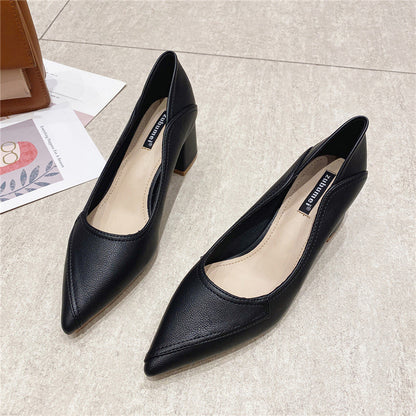 2025 555-1 pointed thick heel shallow mouth women's single shoes commuting simple professional work shoes daily comfort high heels women