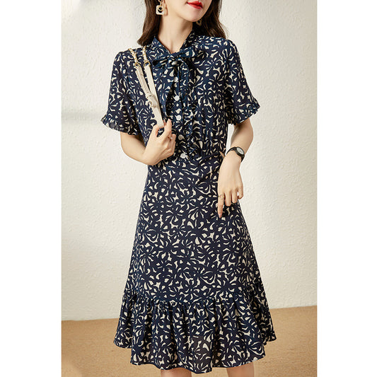2025 summer women's clothing mulberry silk medium and long first love coffee break skirt silk fishtail dress bow floral skirt