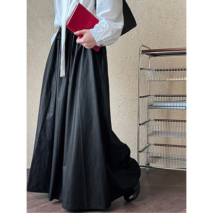 Luxi, retro PU leather pendant skirt women's autumn high waist lace-up pleated medium and long skirt 9695