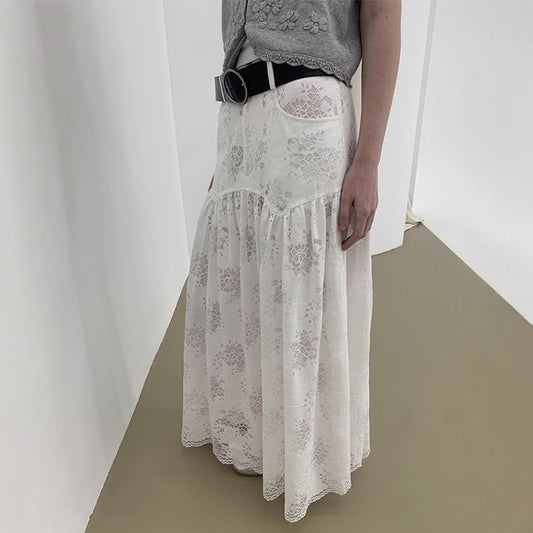 2025 High sense heavy industry white lace skirt women's  spring and summer new  high waist big swing dress