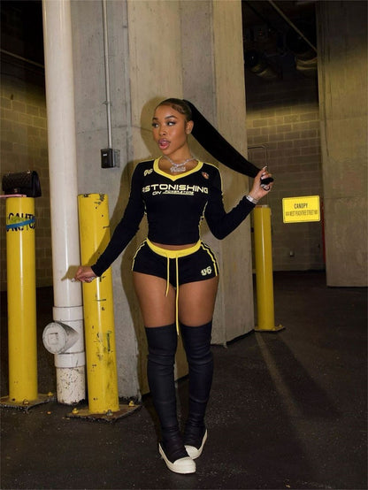 popular autumn new New n retro contrasting color V-neck slim-fitting Spice Girl long-sleeved top lace-up shorts set