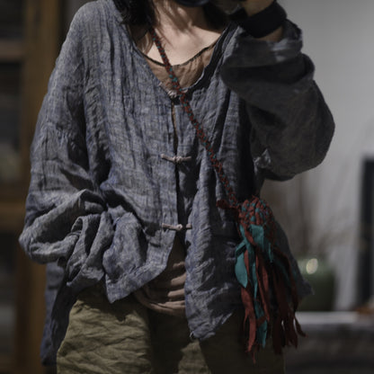2025    24/5 SN61 retro solid color literary linen button-up long-sleeved cardigan