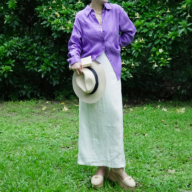 2025 early spring new jadeite shadow original design linen suit women's white shirt green skirt two-piece set