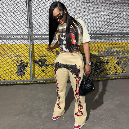 women's clothing  autumn and winter new fashion positioning printed pocket wide-leg pants casual trousers women's trend