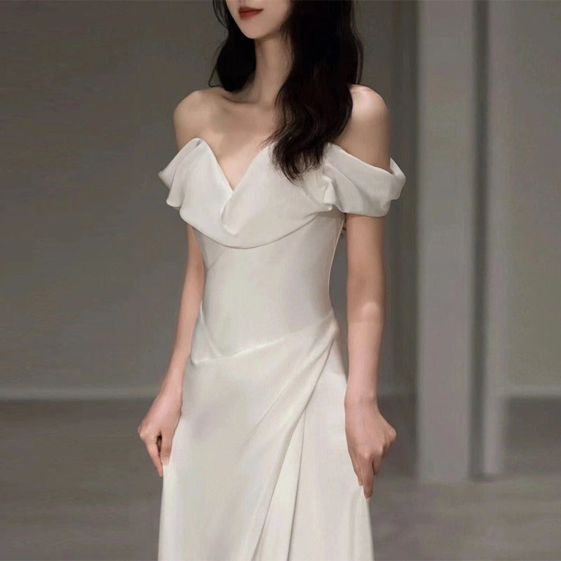 2025 light wedding dress one-word shoulder satin white simple door yarn advanced texture temperament bridal welcome wedding dress