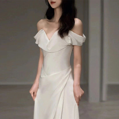 2025 light wedding dress one-word shoulder satin white simple door yarn advanced texture temperament bridal welcome wedding dress