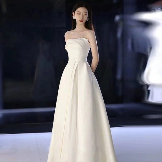 2025 tube top satin light wedding dress bridal toast dress temperament simple and thin banquet dress wedding evening dress