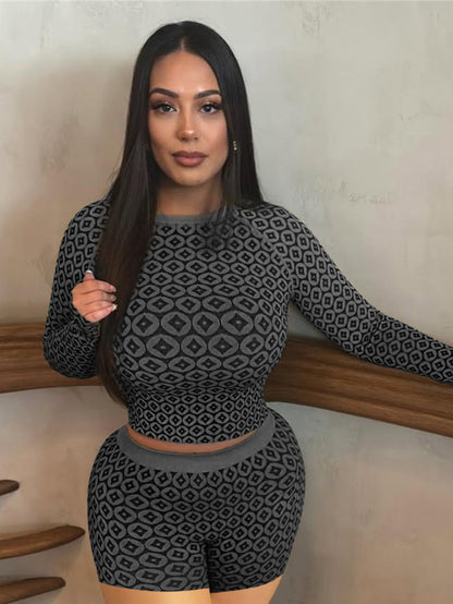 new New Popular trade fashion printing slim-fitting sexy elastic long-sleeved crew neck top trousers suit women's clothing