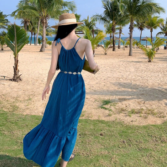 2025 Summer beach retro elegant  white neck dress travel vacation style fashion design sense long dress women