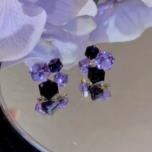 Light luxury super flash purple three-dimensional square crystal stud earrings women's popular new unique design earrings temperament earrings